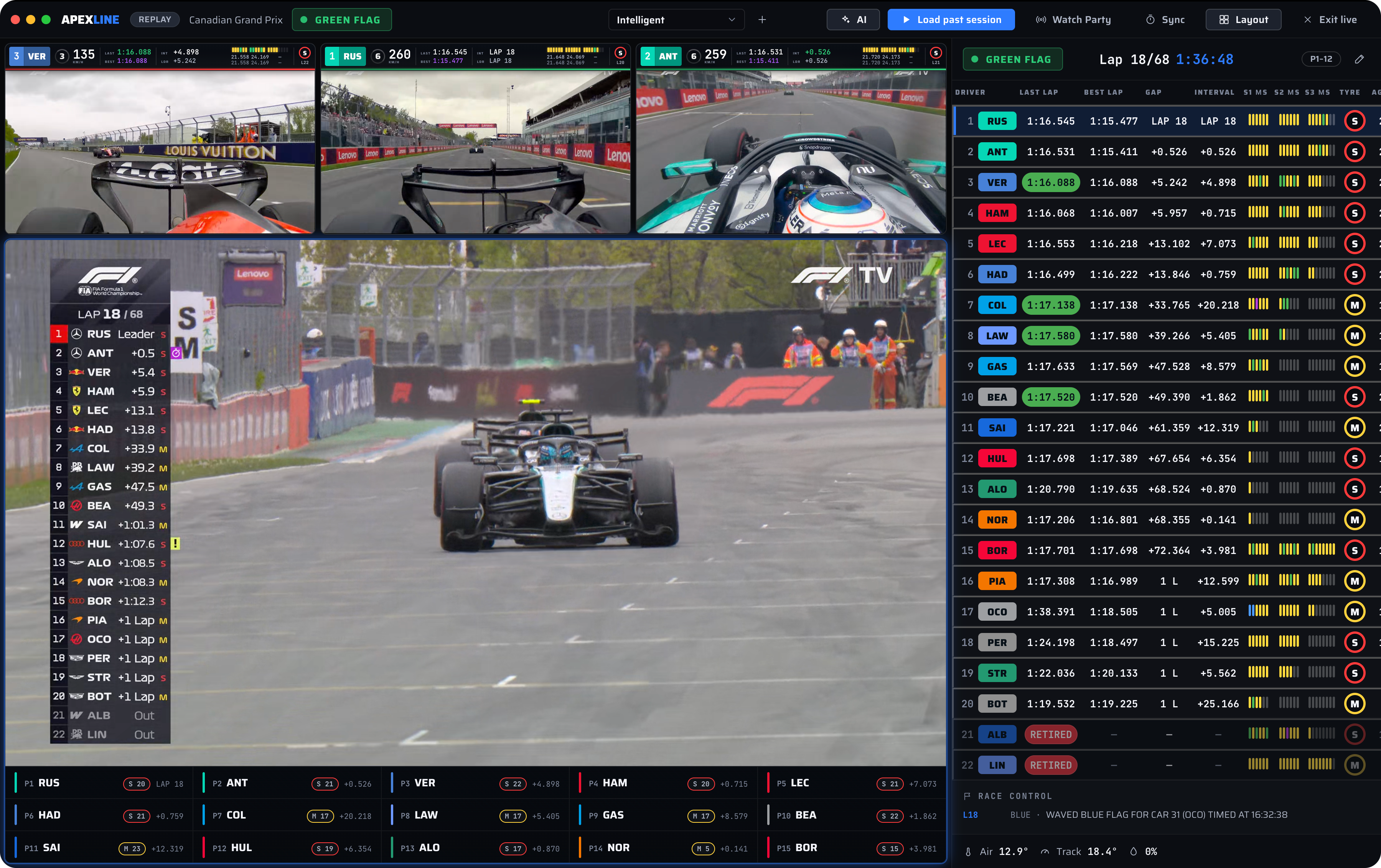Apexline Live Racing screen with onboard cameras, F1 TV world feed, timing tower, race control, and replay controls