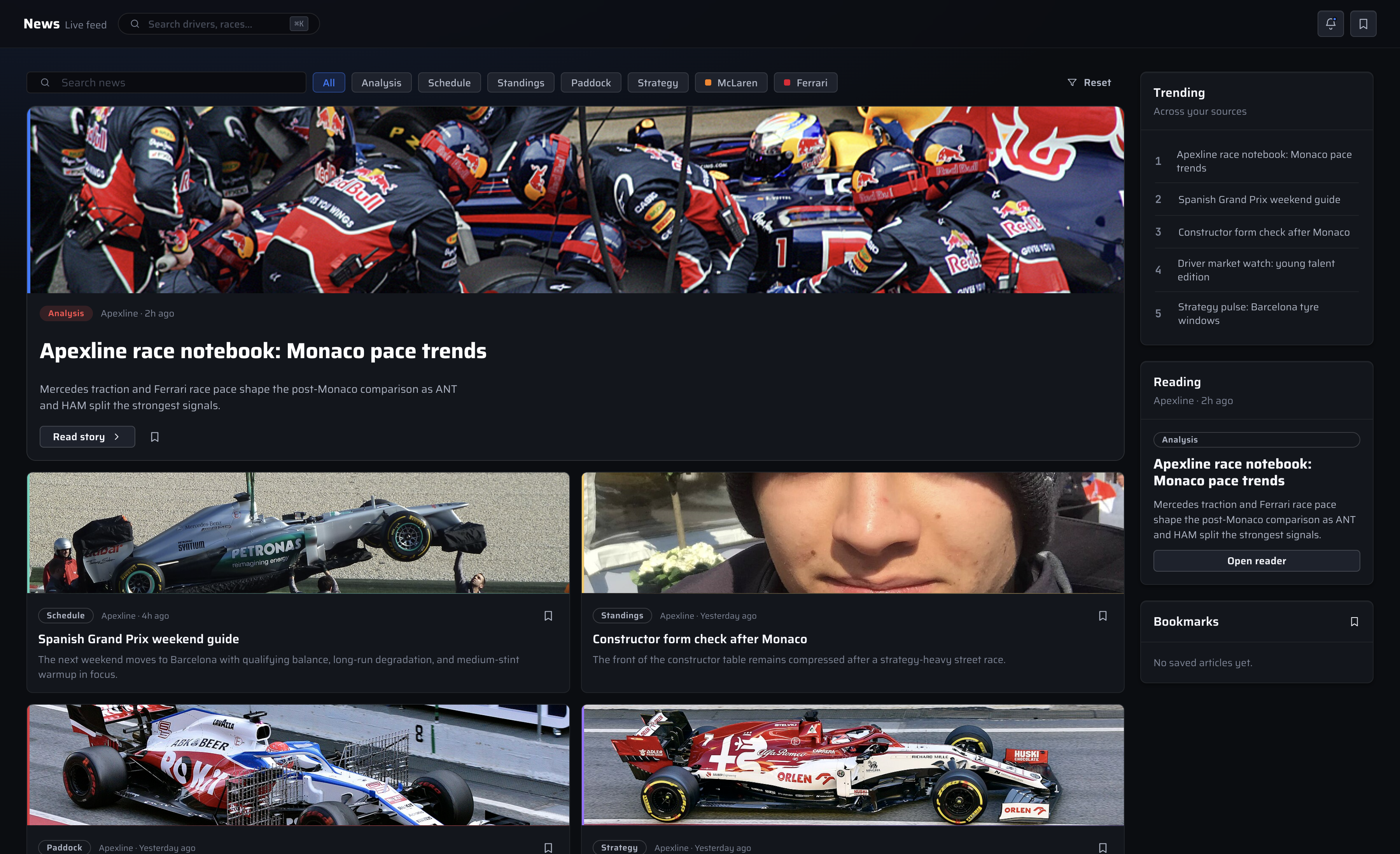Apexline News screen showing lead stories, news cards, trending stories, and saved items