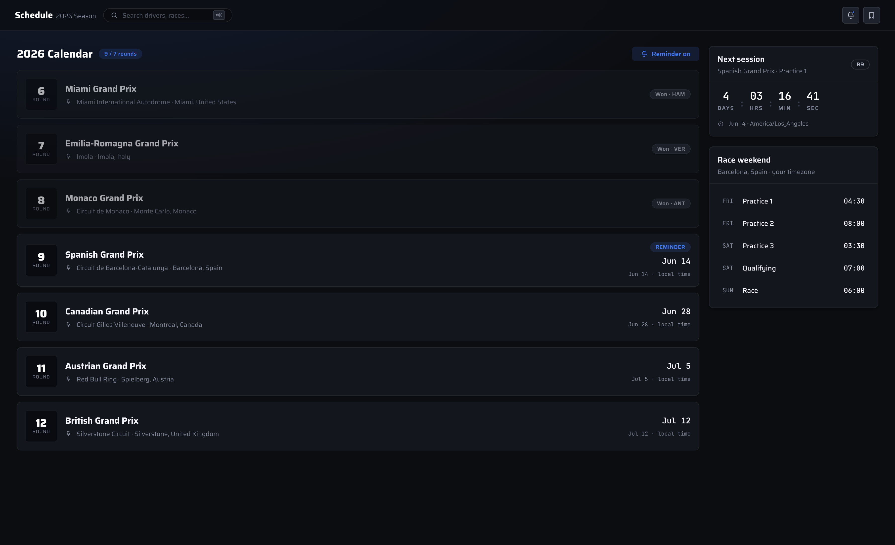Apexline Schedule screen showing race weekends and session timing details