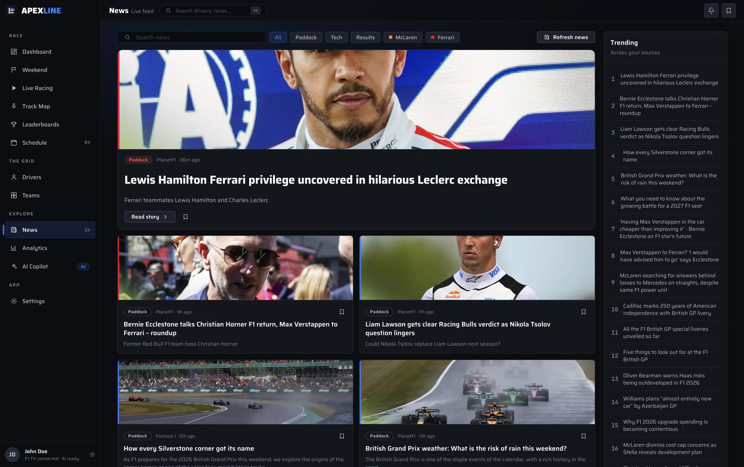 News screen with a lead story, story cards, source filters and a trending list.
