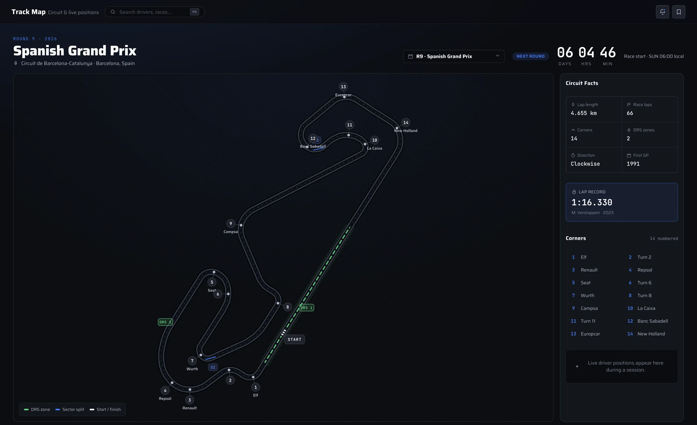 Track Map of the Circuit de Barcelona-Catalunya with numbered corners, DRS zones, sector splits, circuit facts and the lap record.