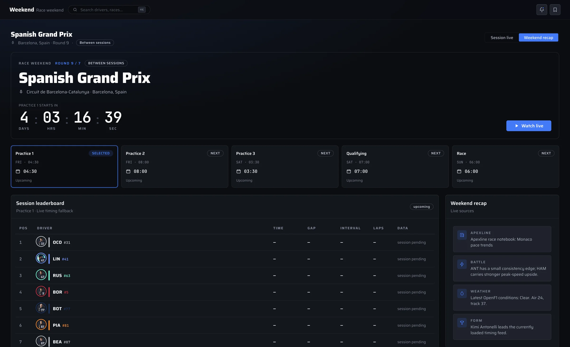 Weekend screen with the selected Grand Prix, session steps, countdown, weather and timing.